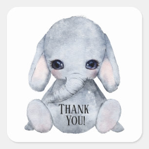 Sticker Carré Nom Eléphant mignon Aquarelle Merci
