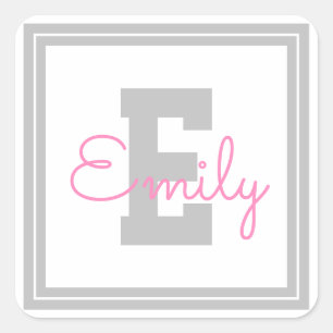 Sticker Carré Nom et monogramme encadrés mignons Gris clair et