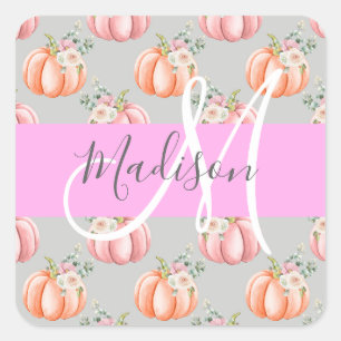 Sticker Carré Nom Monogramme Fleur Femme Gris Rose Pêche Citroui
