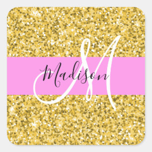 Sticker Carré Nom Monogramme Paillettes Rose et Or Glamour