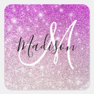 Sticker Carré Nom monogramme Paillettes Violet Girly & Glam