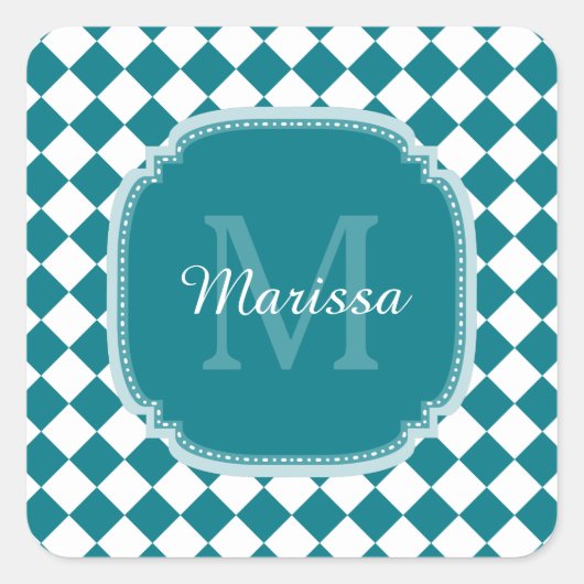 Sticker Carré Nom Monogrammé Turquoise et blanc tendance (Devant)