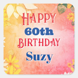 Sticker Carré Nom personnalisé 60e anniversaire Floraison floral