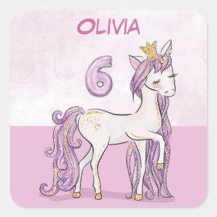 Sticker Carré Nom personnalisé 6e anniversaire Cheval rose avec 