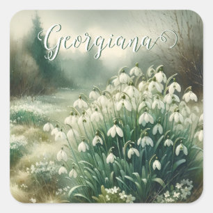 Sticker Carré Nom personnalisé Aquarelle Vintage Floral Snowdrop