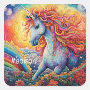 Sticker Carré Nom personnalisé belle licorne