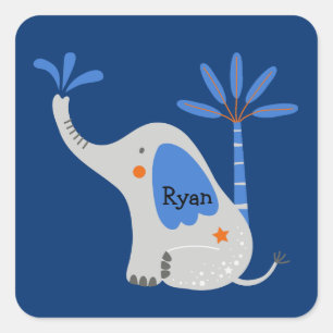Sticker Carré Nom personnalisé Éléphant mignon avec Palmier Bleu