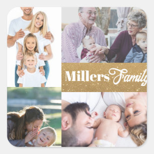 Sticker Carré Nom personnalisé et 4 photo collage porte - clé or