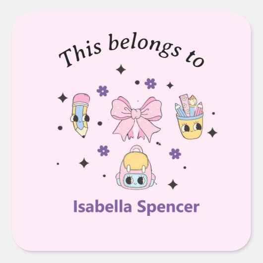 Sticker Carré Nom Personnalisé Fille Mignonne Cette Appartenance (Devant)