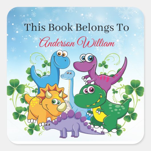Sticker Carré Nom personnalisé Funny Dinosaur, feuille 4e année (Devant)