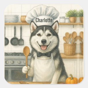 Sticker Carré Nom personnalisé Funny Siberian Husky Chien Chef