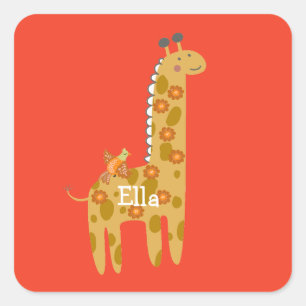 Sticker Carré Nom personnalisé Giraffe Oiseau & Fleurs Or Orange