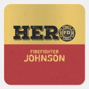 Sticker Carré Nom personnalisé, héros du pompier