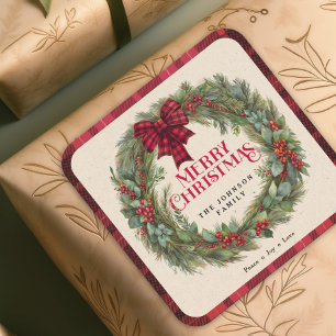 Sticker Carré Nom Red Buffalo Plaid Farmhouse Christmas Wreath