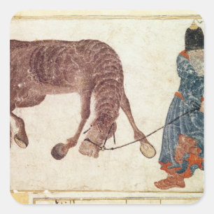 Sticker Carré Nomade mongol prenant son cheval à l'eau