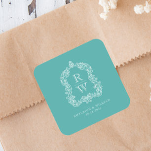 Sticker Carré Noms de blason de monogramme vintage Turquoise Mar