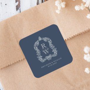 Sticker Carré Noms de crête de monogramme vintage mariage bleu m