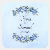 Sticker Carré Noms des mariés & Date Pivoine bleue  (Devant)