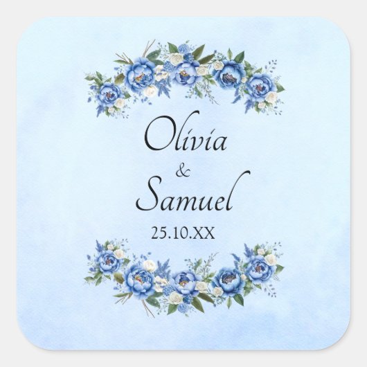 Sticker Carré Noms des mariés & Date Pivoine bleue  (Devant)