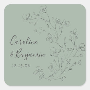 Sticker Carré Noms Personnalisés Vert Sauge Floral Faveur de Mar