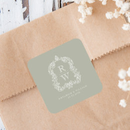 Sticker Carré Noms vintages de crêtes de monogramme Sage Mariage