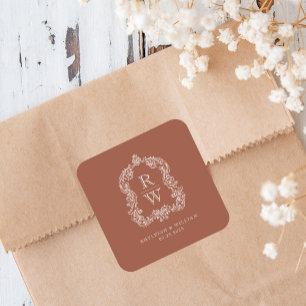 Sticker Carré Noms vintages Monogramme Crest Terracotta Mariage