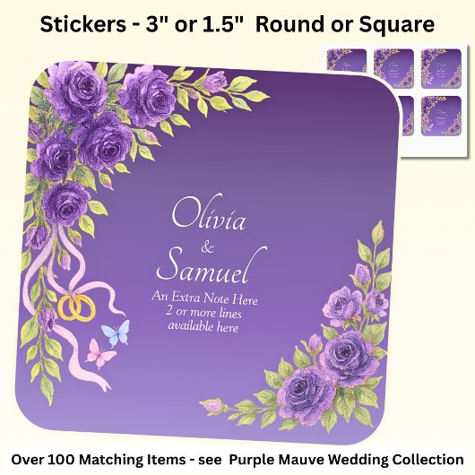 Sticker Carré Note + Noms des Mariés Fleurs Mauve Violet