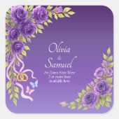 Sticker Carré Note + Noms des Mariés Fleurs Mauve Violet (Devant)
