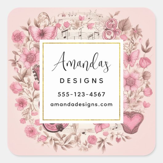 Sticker Carré Notes de musique et fleurs Style rétro (Devant)