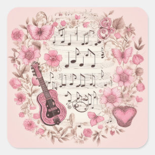 Sticker Carré Notes de musique et Fleurs style rétro