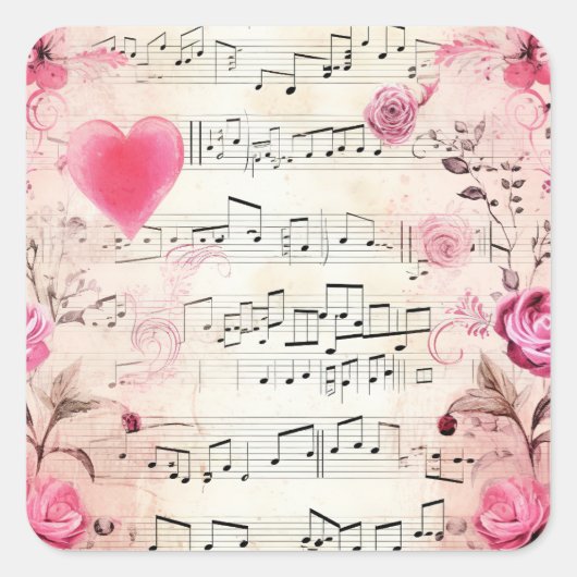 Sticker Carré Notes musicales et design Vintage Rose (Devant)