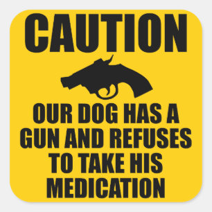 Sticker Carré Notre chien a un pistolet