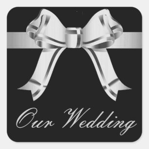 Sticker Carré "Notre Mariage" - Bow argenté/gris et ruban[a]