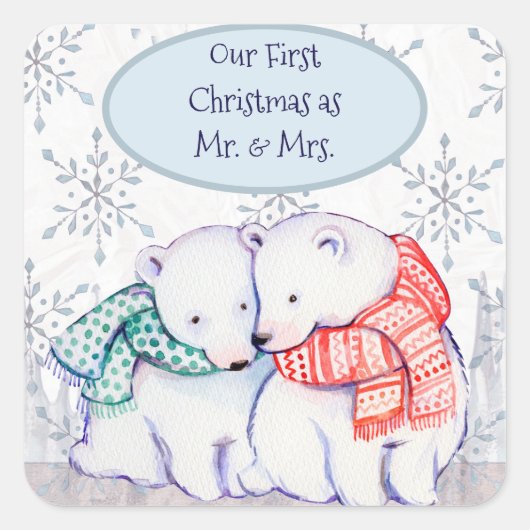 Sticker Carré Notre Premier Noël En Tant Que M. & Mme Polar Bear (Devant)