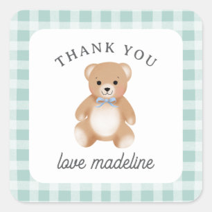 Sticker Carré Nounours à l'arc en peluche Gingham Bleu Sauge Béb