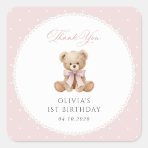 Sticker Carré Nounours, Arc, Points roses, Premier Anniversaire