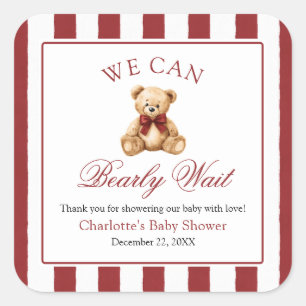 Sticker Carré Nounours en peluche à ruban rouge pour Baby Shower