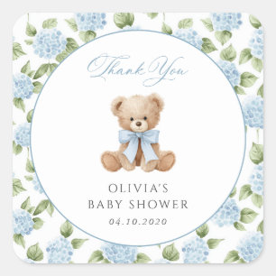 Sticker Carré Nounours en peluche, Nœud bleu, Fleurs bleues, Bab