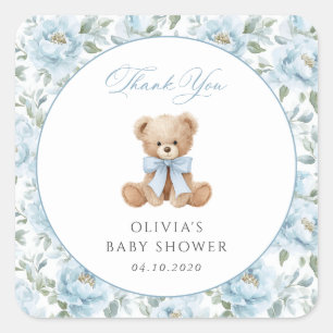 Sticker Carré Nounours en peluche, Nœud papillon bleu, Fleurs bl