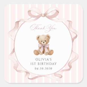Sticker Carré Nounours en peluche, Nœud papillon rose, Rayures r
