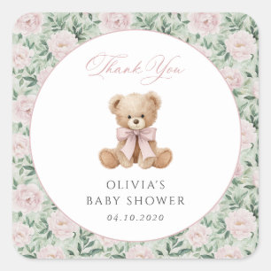 Sticker Carré Nounours en peluche, Nœud rose, Fleurs roses, Baby