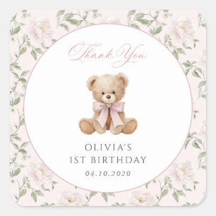 Sticker Carré Nounours en peluche, Nœud rose, Fleurs roses, Prem
