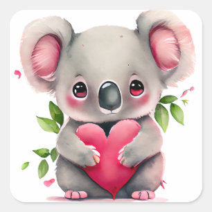 Sticker Carré Nounours Koala au Coeur Mignon pour la Saint-Valen