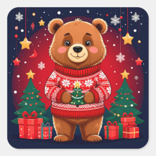 Sticker Carré Nounours mignon en pull de Noël