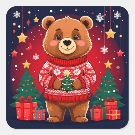 Sticker Carré Nounours mignon en pull de Noël (Devant)