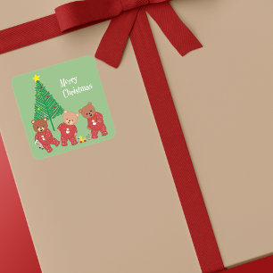Sticker Carré Nounours modernes en pyjama de Noël avec arbre