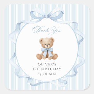 Sticker Carré Nounours, Nœud Bleu, Rayures Bleues, Premier Anniv