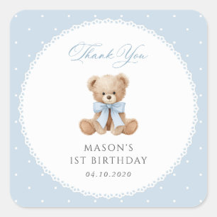Sticker Carré Nounours, Nœud, Points bleus, Premier Anniversaire