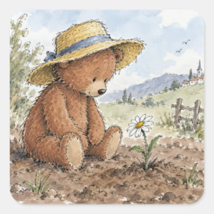 Sticker Carré Nounours regardant une marguerite en croissance