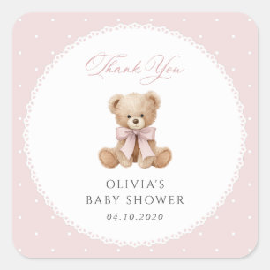 Sticker Carré Nounours rose, noeud papillon rose, bébé fête prén